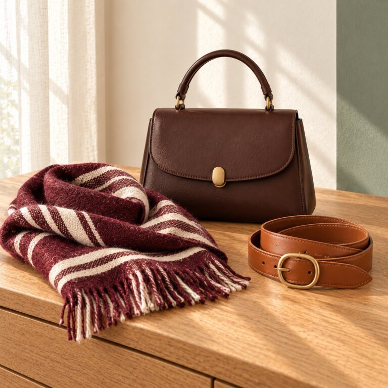 Sac en cuir chocolat, écharpe à rayures bordeaux et ceinture cognac sur un meuble en bois