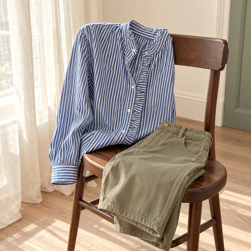 Chemise rayée et pantalon kaki sur une chaise en bois