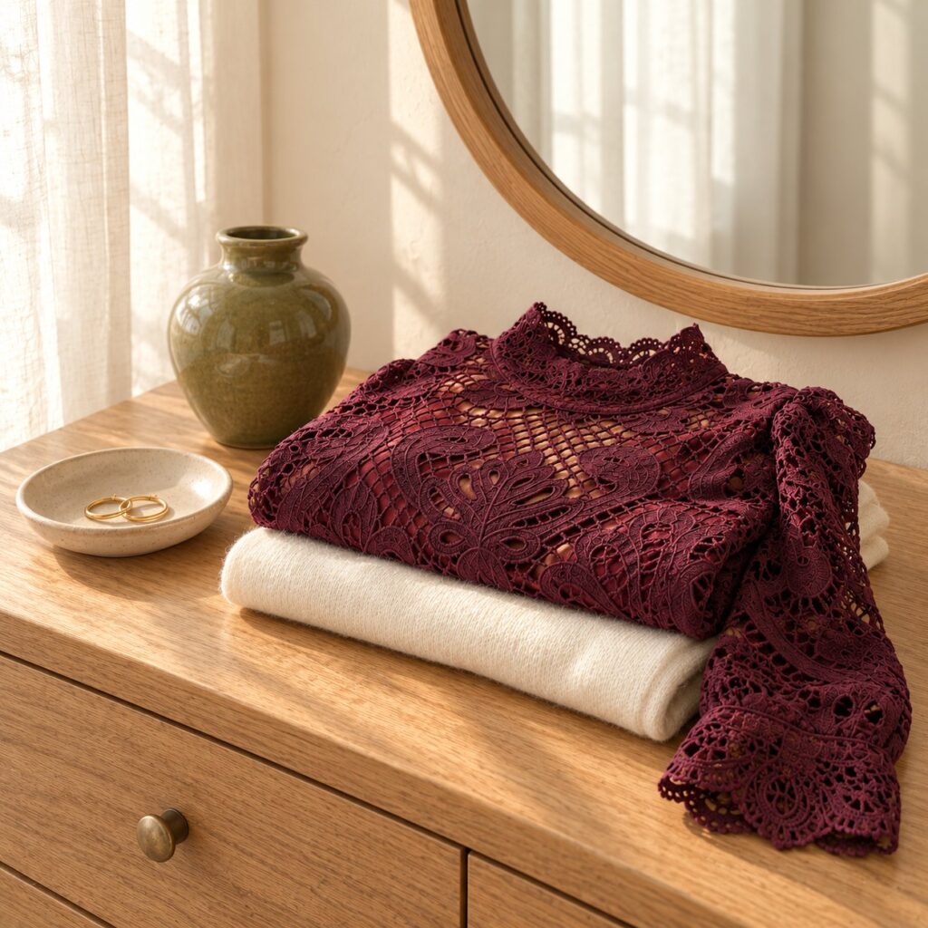 Blouse en dentelle bordeaux pliée sur une coiffeuse
