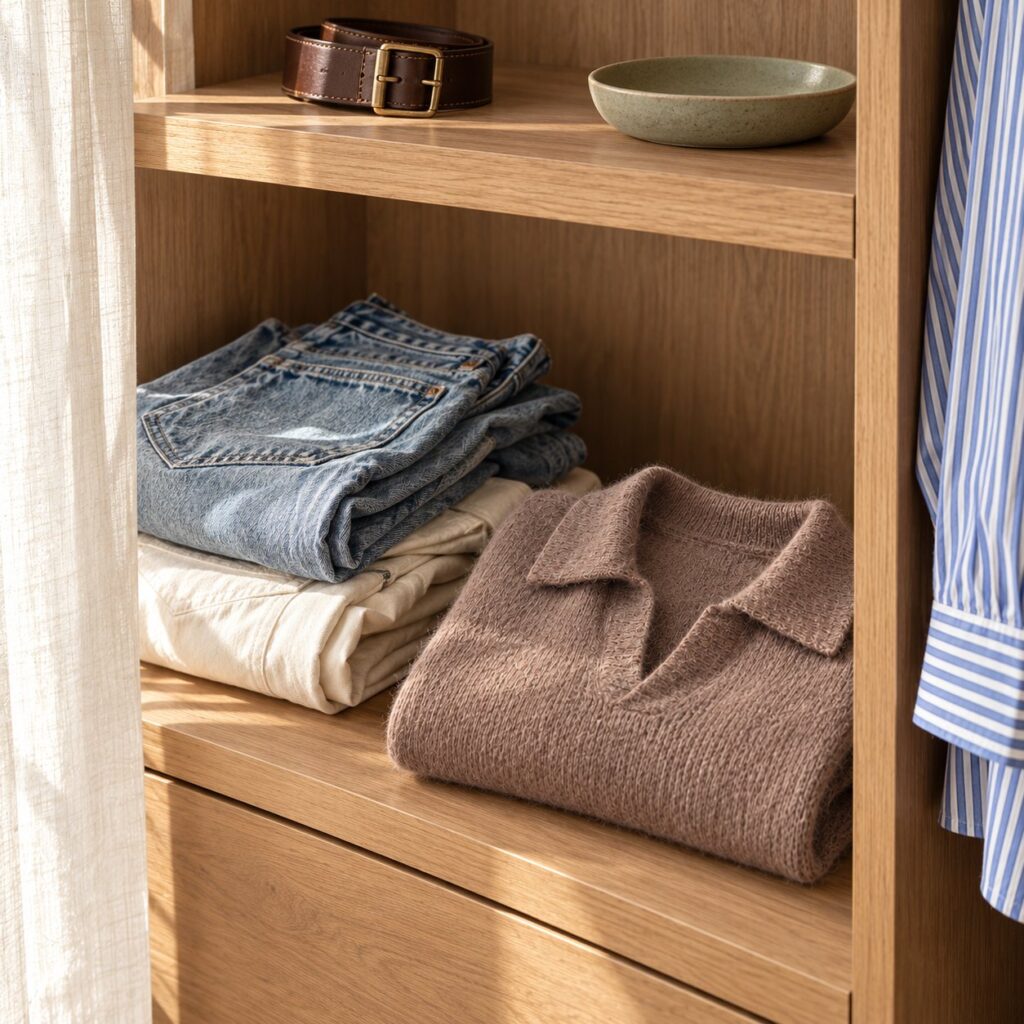 Jeans et pull en maille pliés sur une étagère