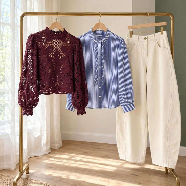 Blouse en dentelle, chemise rayée et pantalon crème sur un portant